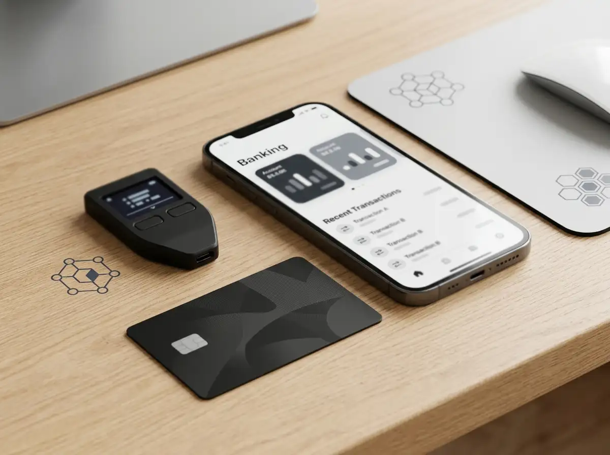 Desk with a bank card, mobile banking screen and generic cryptocurrency symbols