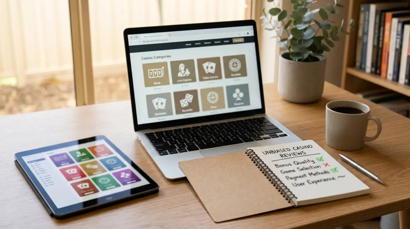 Laptop and tablet showing a generic casino browsing workspace beside handwritten notes