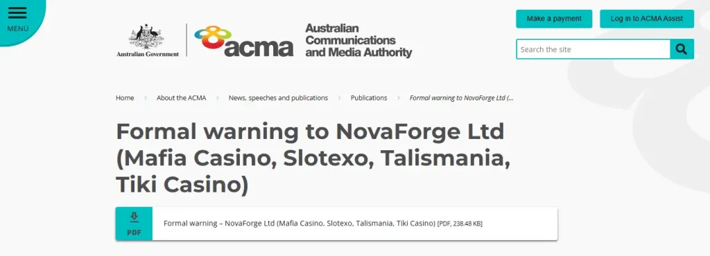 ACMA formal warning page naming NovaForge Ltd and Mafia Casino