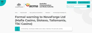 ACMA formal warning page naming NovaForge Ltd and Mafia Casino