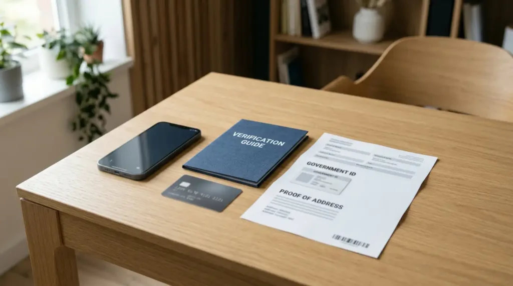Phone beside identity documents, address paperwork and a bank card on a desk