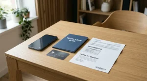 Phone beside identity documents, address paperwork and a bank card on a desk