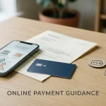 Phone beside a bank card and generic digital wallet symbols on a desk