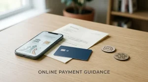 Phone beside a bank card and generic digital wallet symbols on a desk