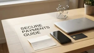 Laptop and phone beside a bank card, transfer form and generic cryptocurrency symbols