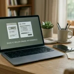 Laptop beside payment documents and a phone showing a generic transfer review screen