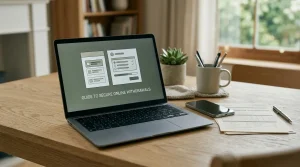 Laptop beside payment documents and a phone showing a generic transfer review screen
